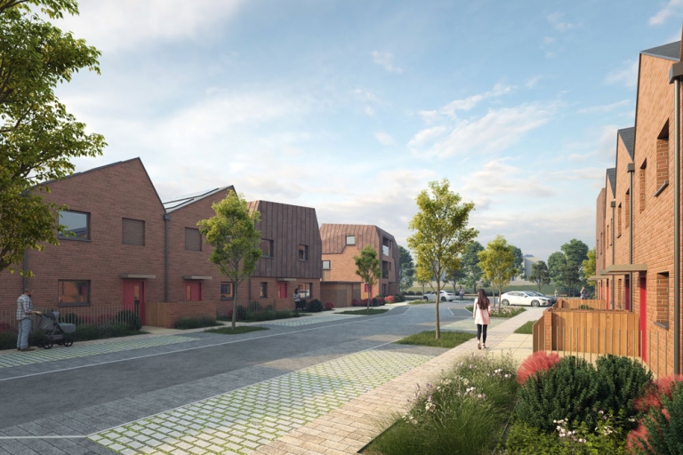  A tree-lined residential street with modern brick houses.