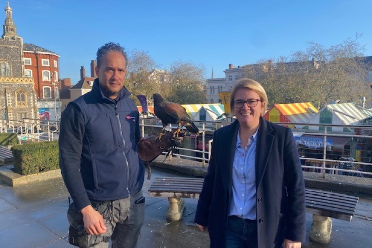 Cllr Harper with Mikael ChuFoon and Hazel the Hawk