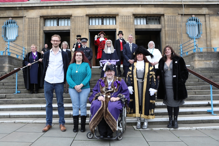 Norwich's Lord Mayor, Sheriff and others on City Hall steps