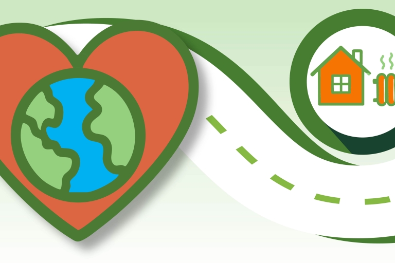 A globe inside a heart with a house and radiator